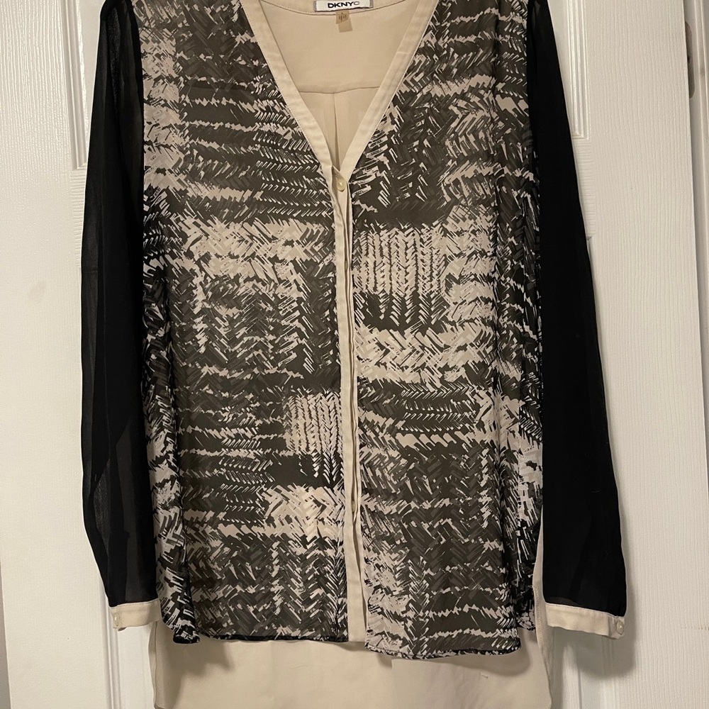 DKNY Sheer Black and Cream Button Up Blouse